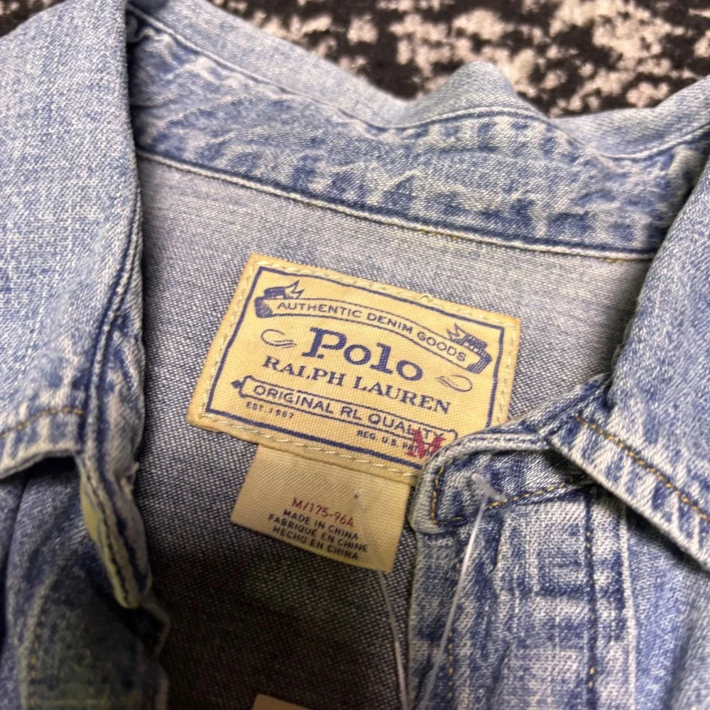 Polo Ralph Lauren Mens Distressed Denim Western Shirt Light Wash Pearl Snap M